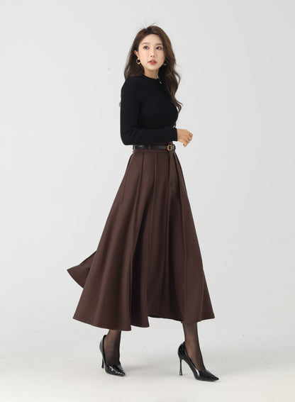 Vintage Wool Blend Midi Skirt – Brown High-Waisted Pleated A-Line with Lining 6444