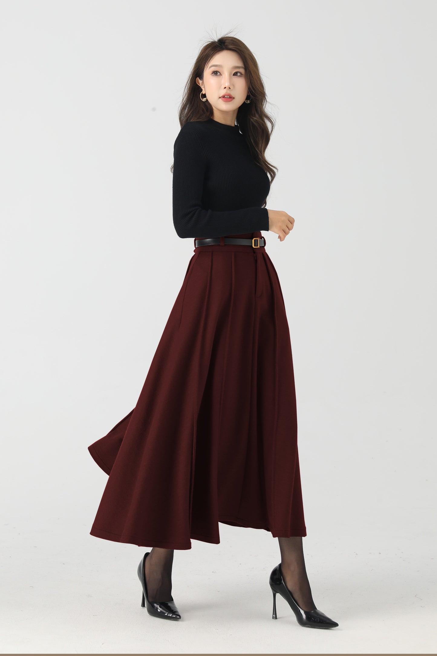 Elegant Burgundy Wool Skirt – Pleated Midi, Belt Loops & Pockets | Xiaolizi 6331