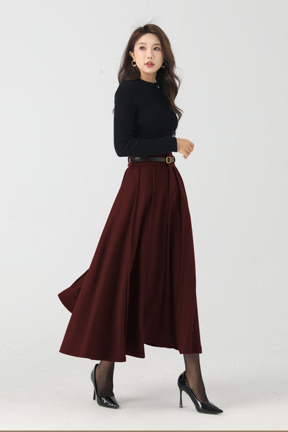 Elegant Burgundy Wool Skirt – Pleated Midi, Belt Loops & Pockets | Xiaolizi 6331