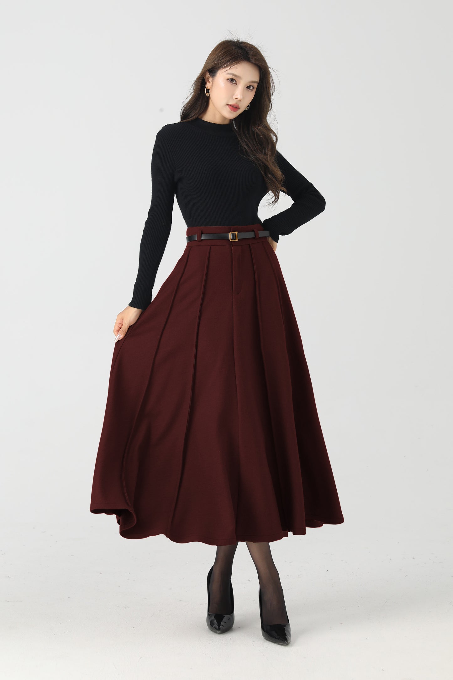 Elegant Burgundy Wool Skirt – Pleated Midi, Belt Loops & Pockets | Xiaolizi 6331
