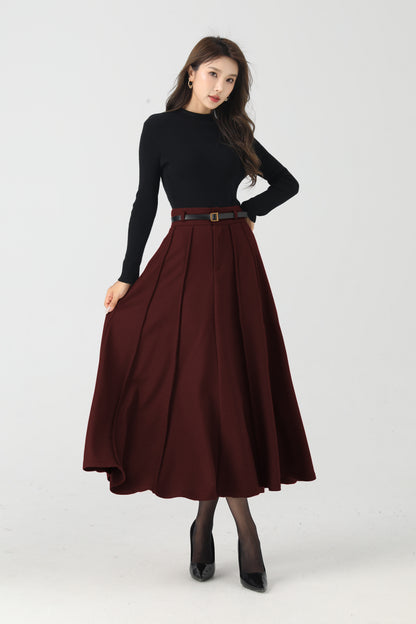 Elegant Burgundy Wool Skirt – Pleated Midi, Belt Loops & Pockets | Xiaolizi 6331