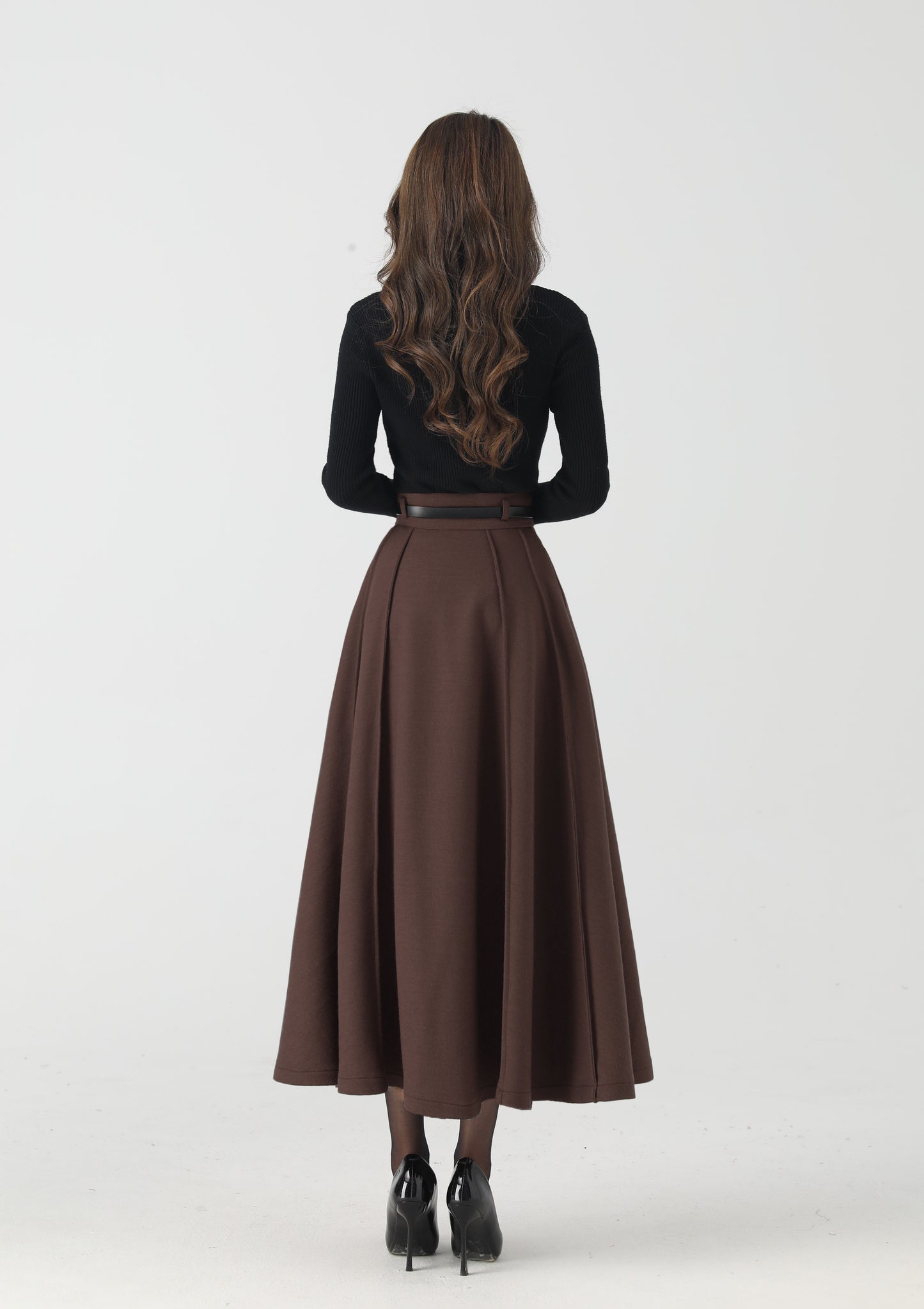 Vintage Wool Blend Midi Skirt – Brown High-Waisted Pleated A-Line with Lining 6444