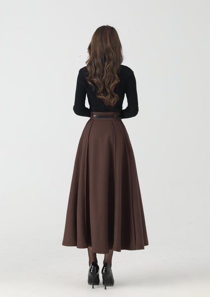 Vintage Wool Blend Midi Skirt – Brown High-Waisted Pleated A-Line with Lining 6444