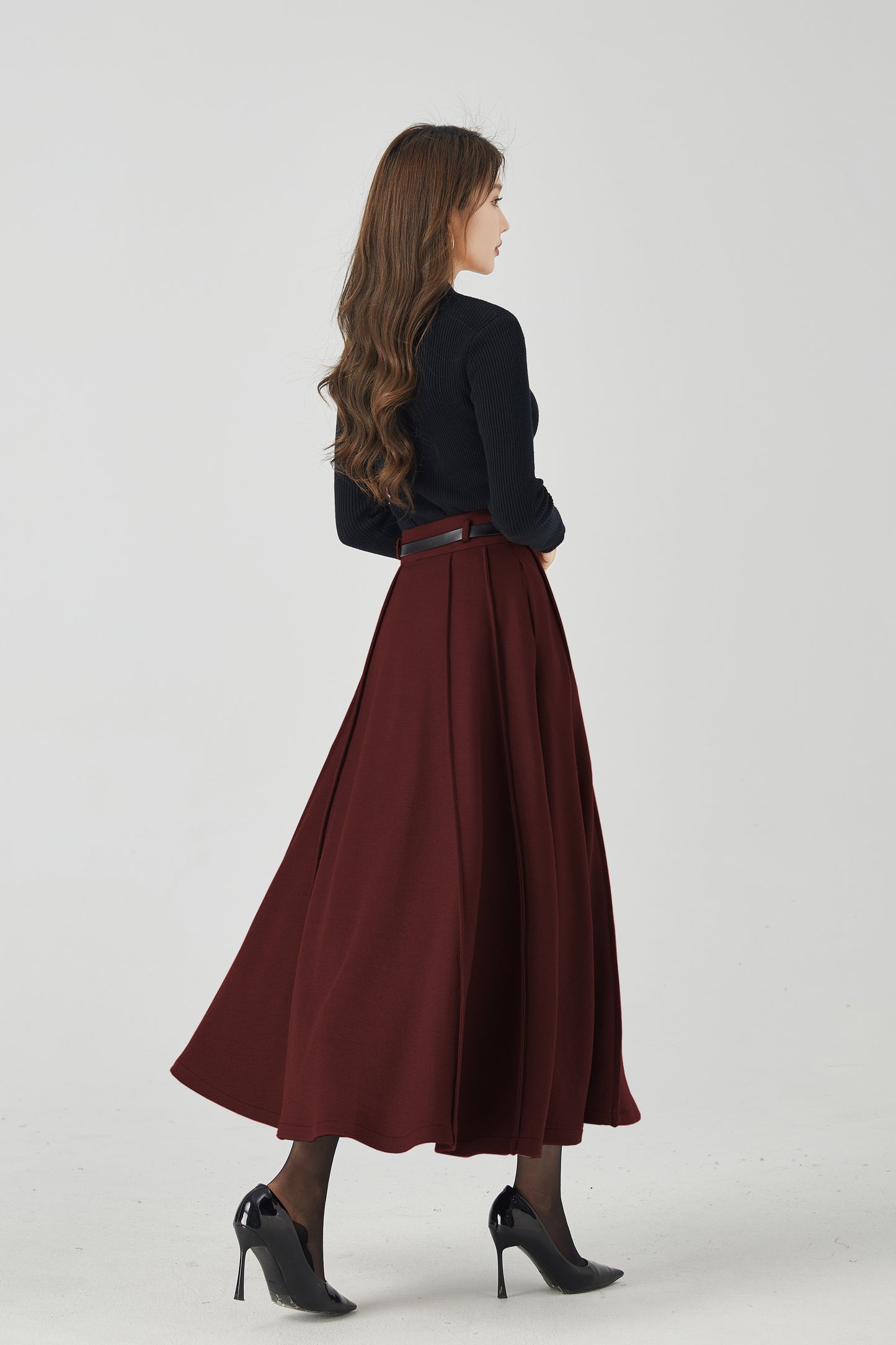 Elegant Burgundy Wool Skirt – Pleated Midi, Belt Loops & Pockets | Xiaolizi 6331