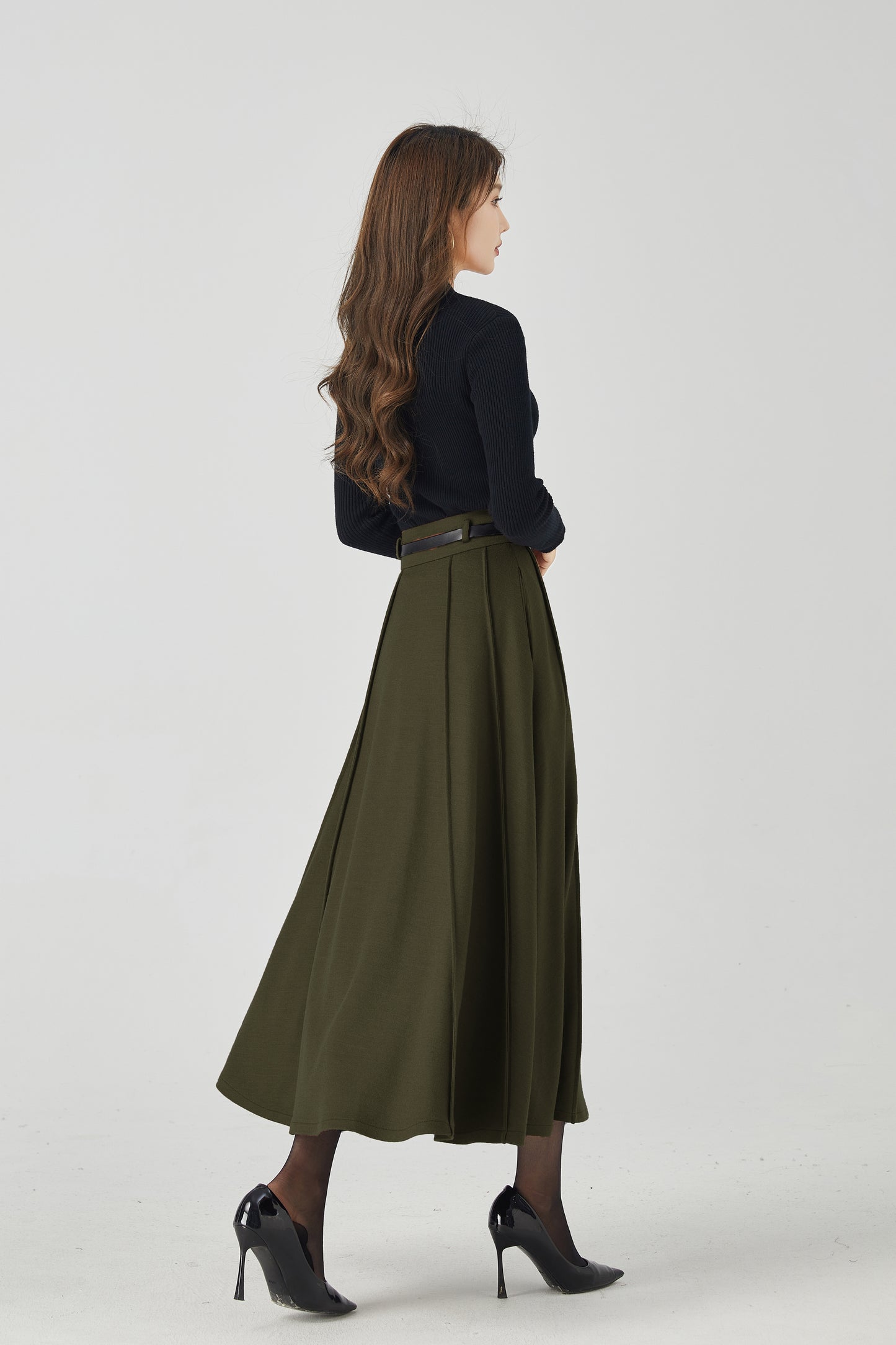 Olive Green Wool Midi Skirt - Vintage High Waist Pleated A-Line 5384