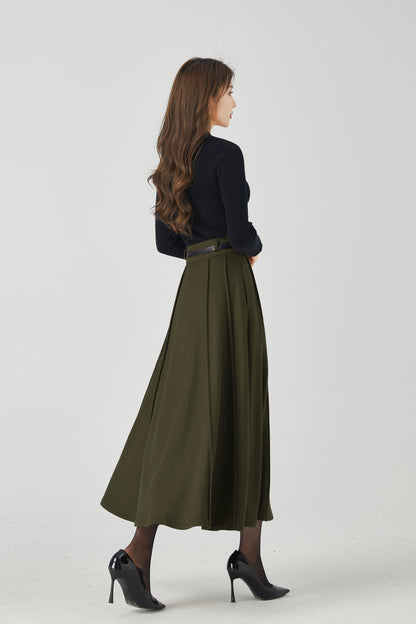 Olive Green Wool Midi Skirt - Vintage High Waist Pleated A-Line 5384