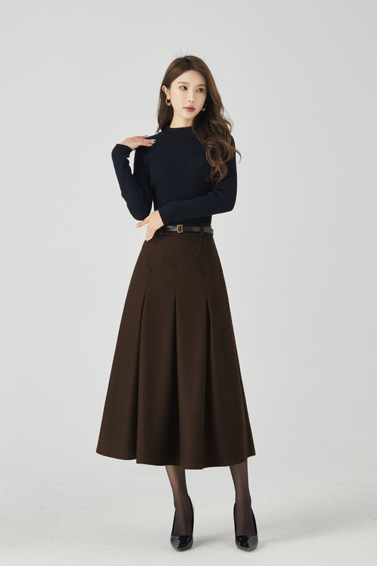 Classic Pleated Midi Skirt Brown Wool – High-Waist A-Line – 6333