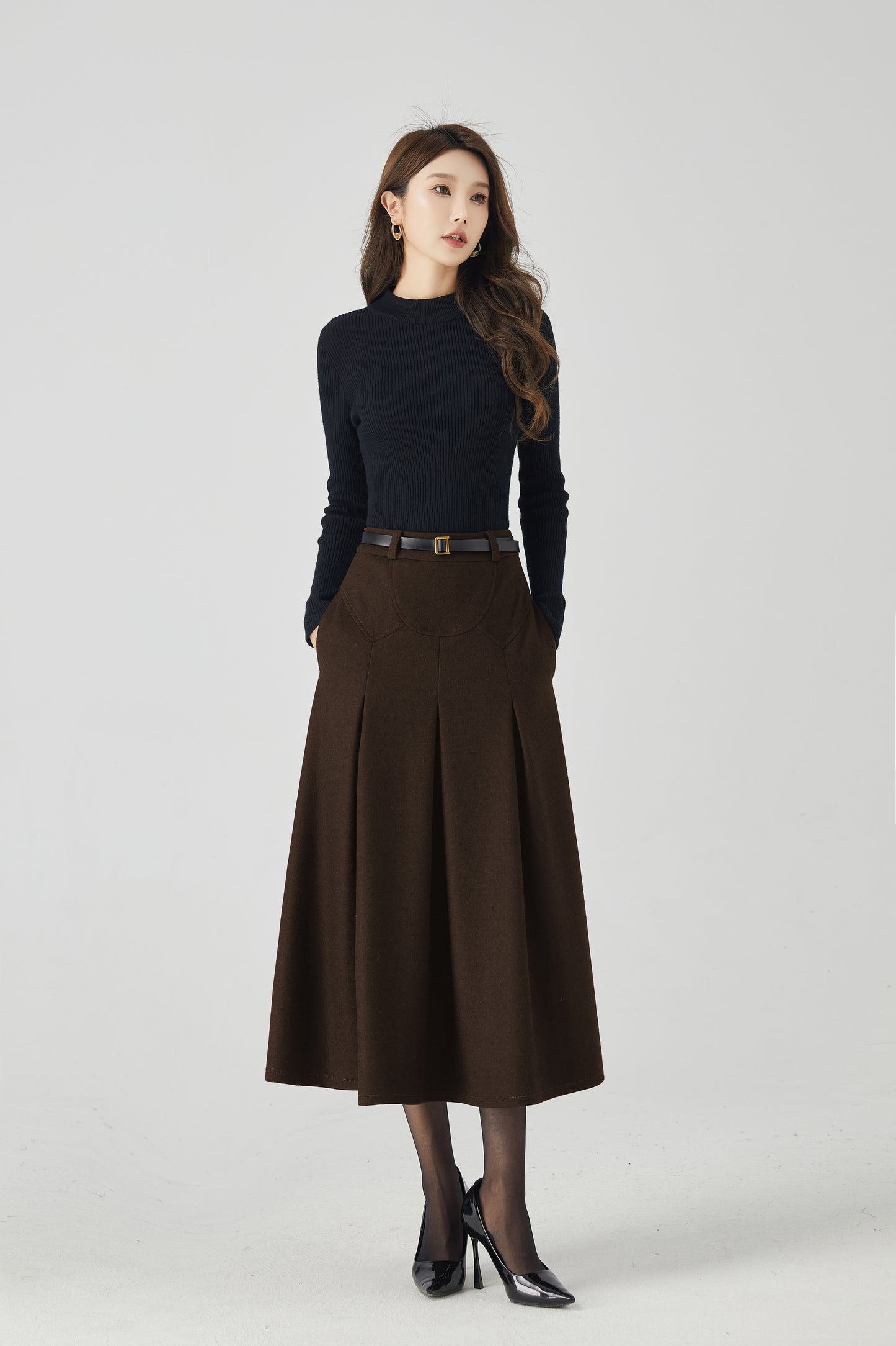Brown Wool Pleated Midi Skirt - High-Waist A-Line Silhouette 6333