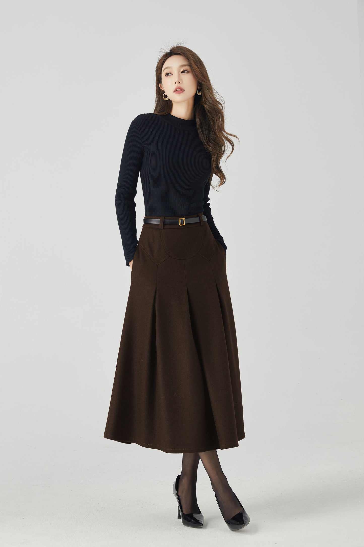 Brown Wool Pleated Midi Skirt - High-Waist A-Line Silhouette 6333