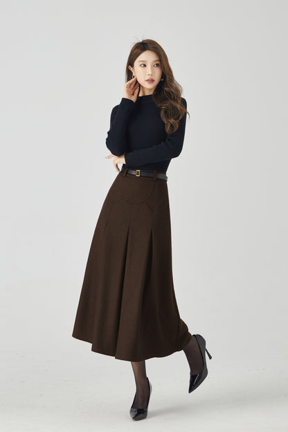 Brown Wool Pleated Midi Skirt - High-Waist A-Line Silhouette 6333