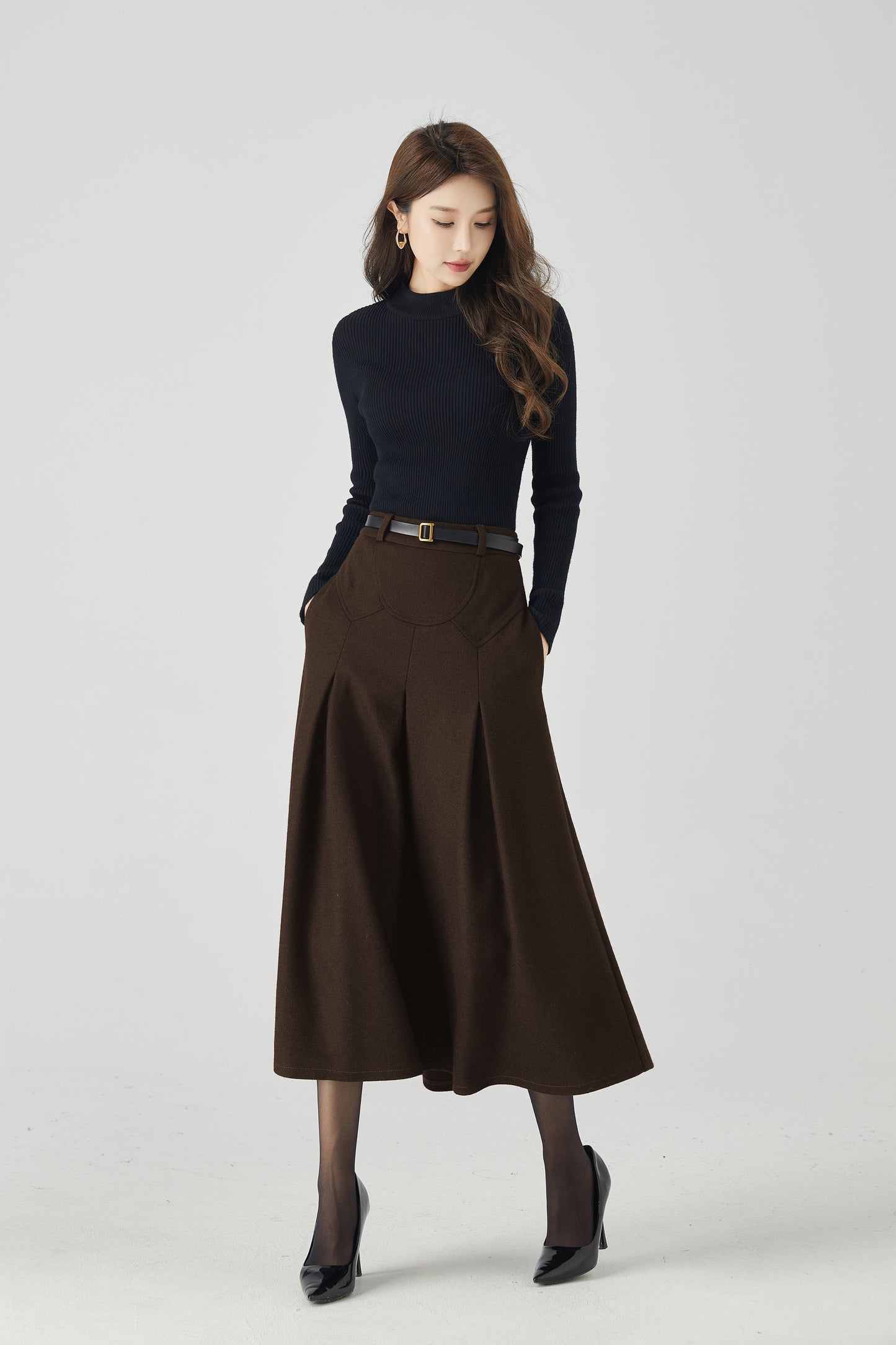 Brown Wool Pleated Midi Skirt - High-Waist A-Line Silhouette 6333