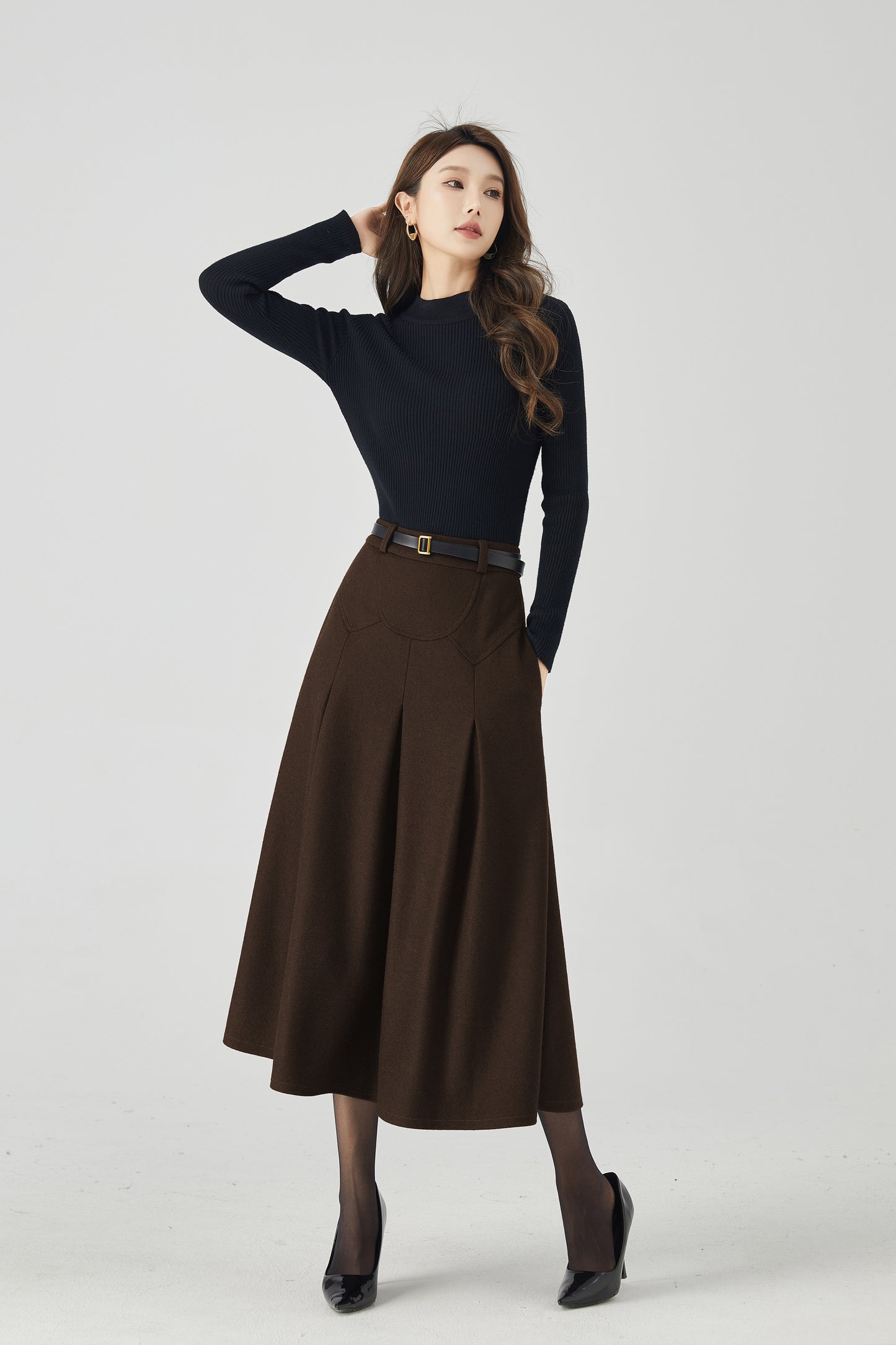 Brown Wool Pleated Midi Skirt - High-Waist A-Line Silhouette 6333
