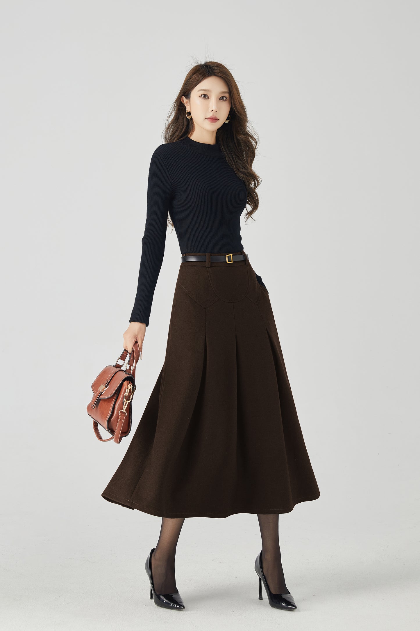 Brown Wool Pleated Midi Skirt - High-Waist A-Line Silhouette 6333