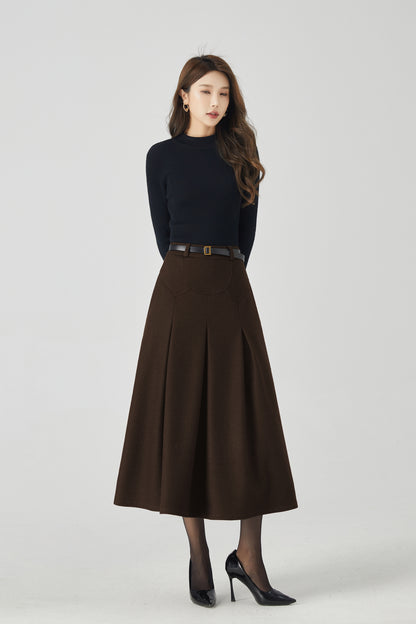 Brown Wool Pleated Midi Skirt - High-Waist A-Line Silhouette 6333