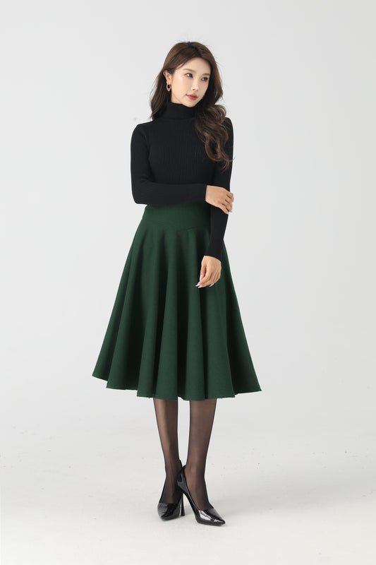 Dark Green Wool Circle Skirt – High Waist Winter A-Line Midi | Xiaolizi 6336