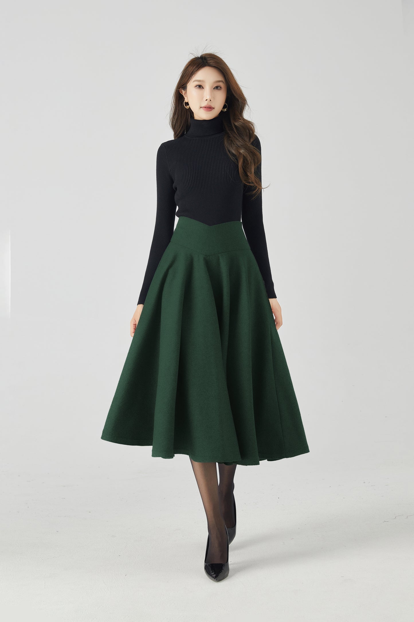 Dark Green Wool Circle Skirt - High Waist Full Swing Midi 6336