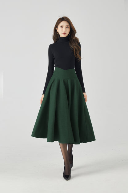 Dark Green Wool Circle Skirt - High Waist Full Swing Midi 6336