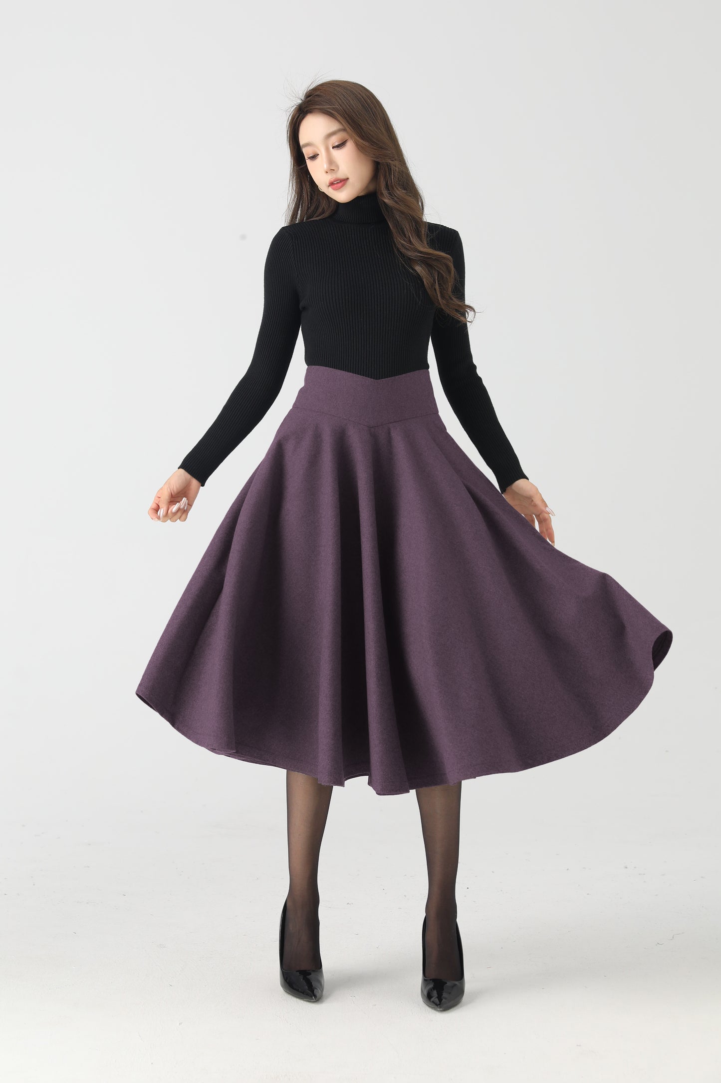 Purple Wool Blend Midi Skirt - High Waist Flared Circle Silhouette 6335