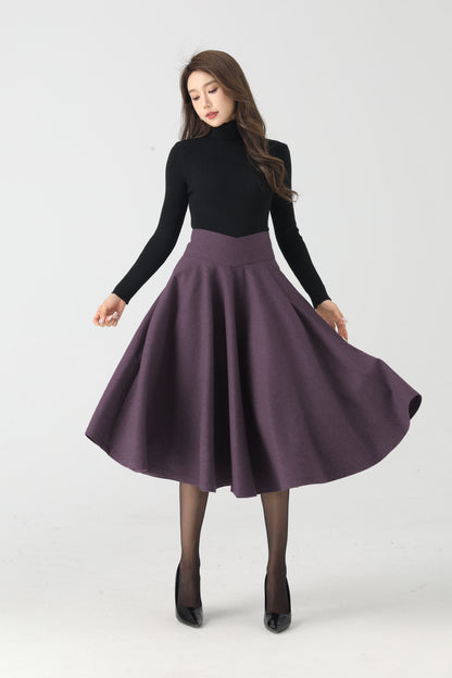 Purple Wool Blend Midi Skirt - High Waist Flared Circle Silhouette 6335