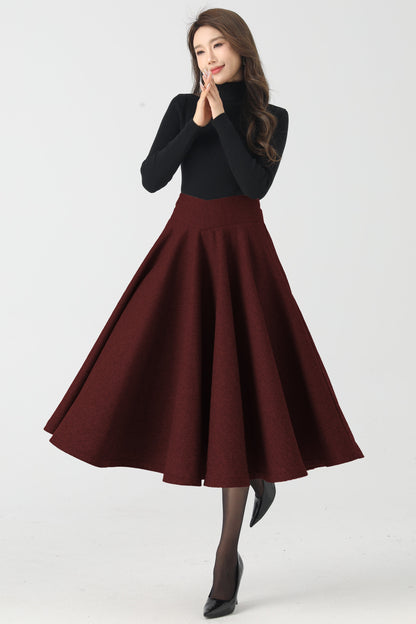 Wine Red Wool Circle Skirt – High Waist Winter Swing Midi 6334