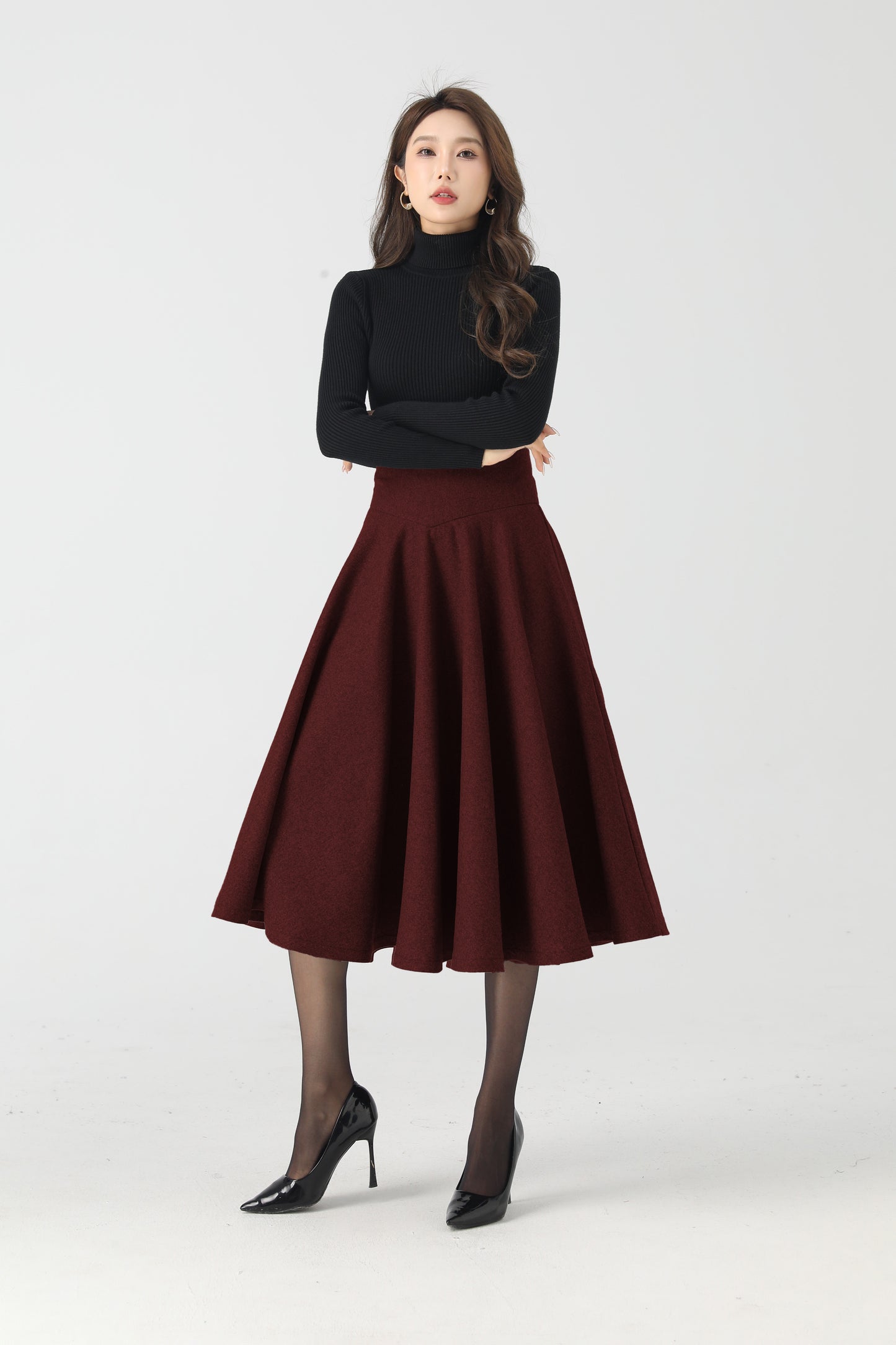 Wine Red Wool Circle Skirt – High Waist Winter Swing Midi 6334