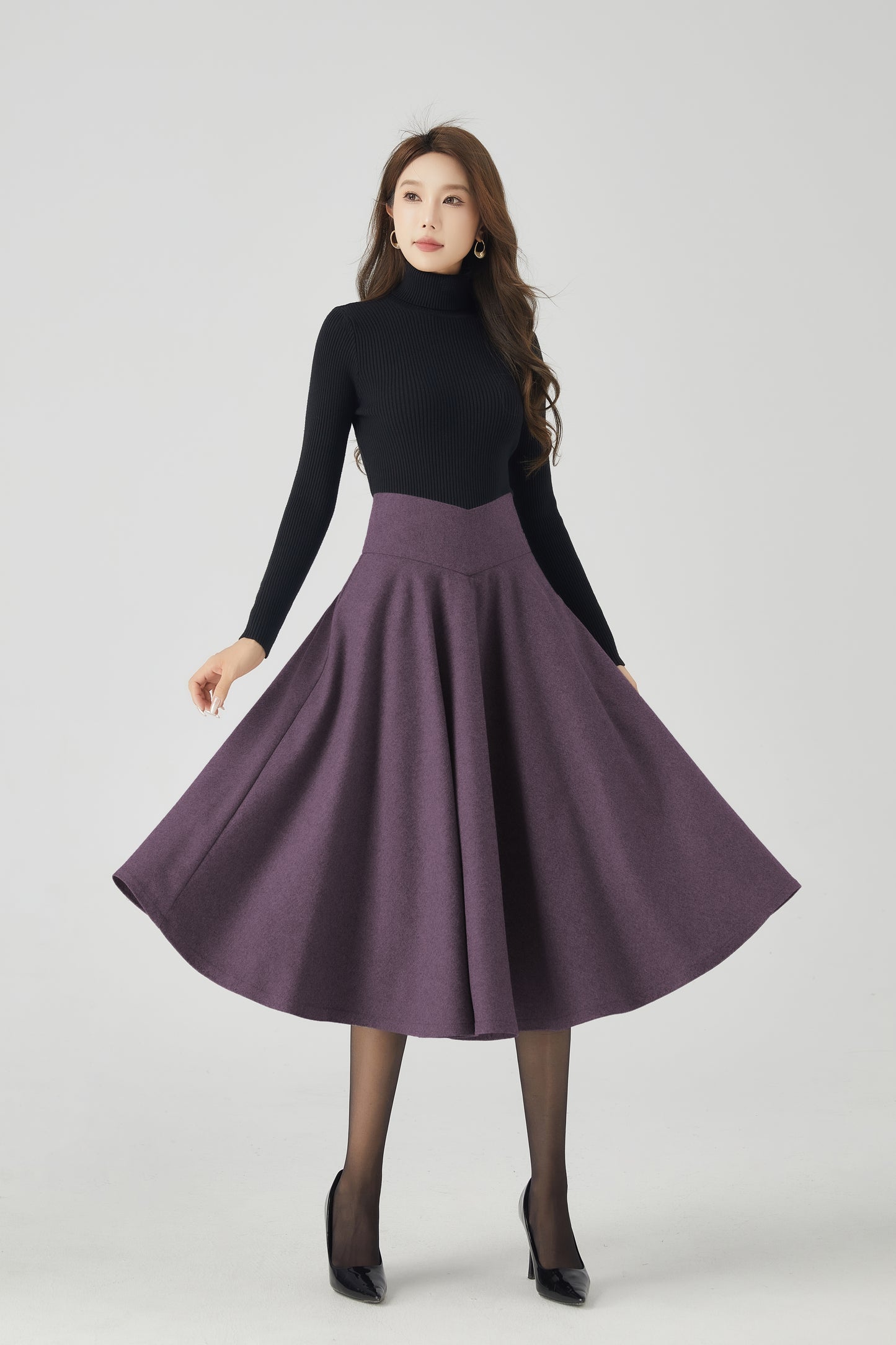 Purple Wool Blend Midi Skirt - High Waist Flared Circle Silhouette 6335