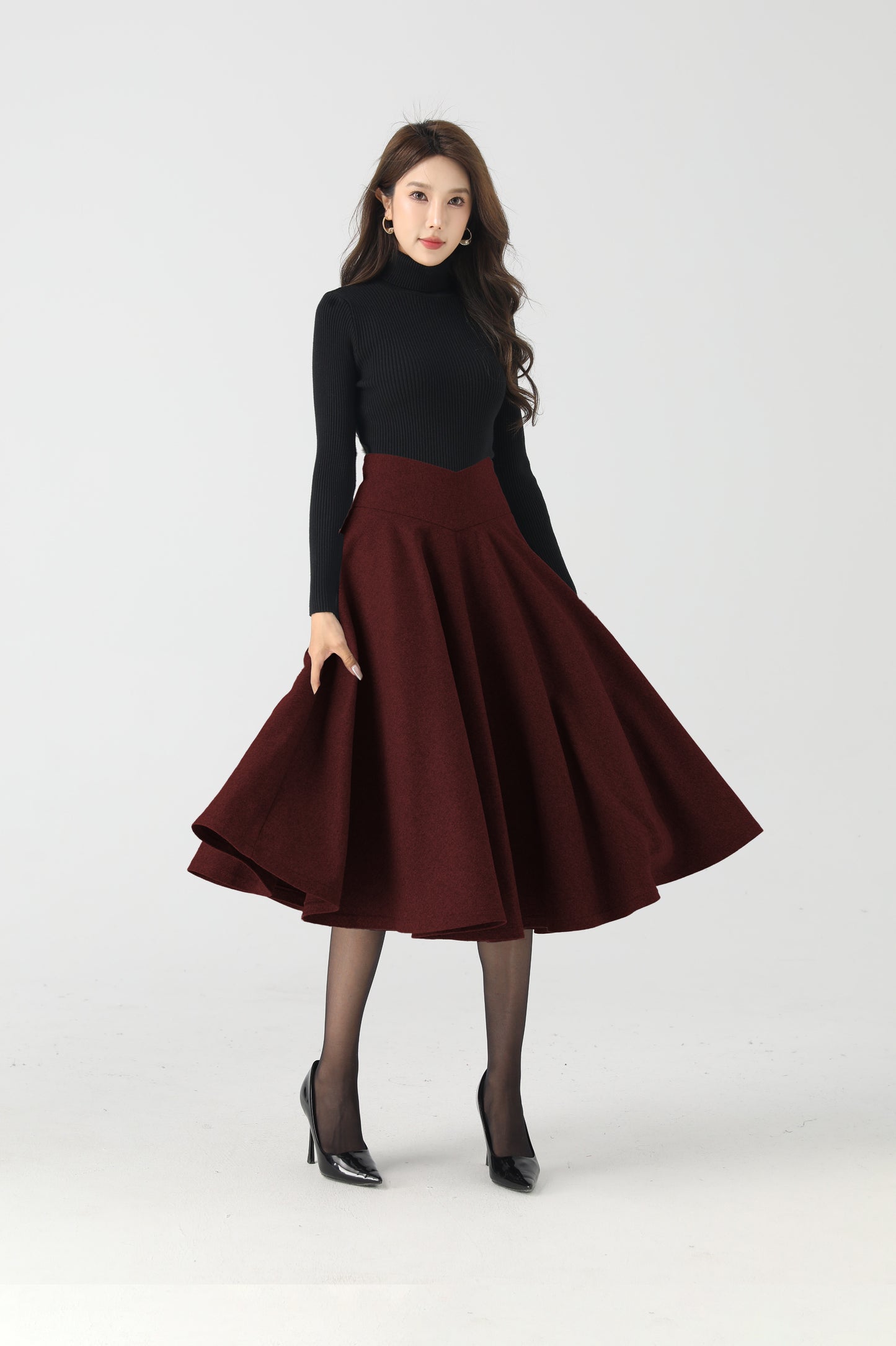 Wine Red Wool Circle Skirt – High Waist Winter Swing Midi 6334