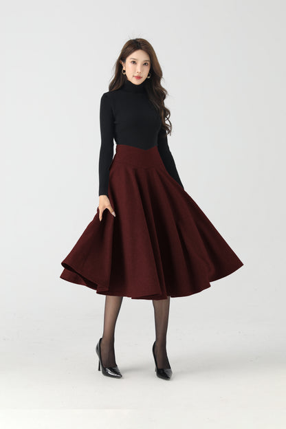 Wine Red Wool Circle Skirt – High Waist Winter Swing Midi 6334