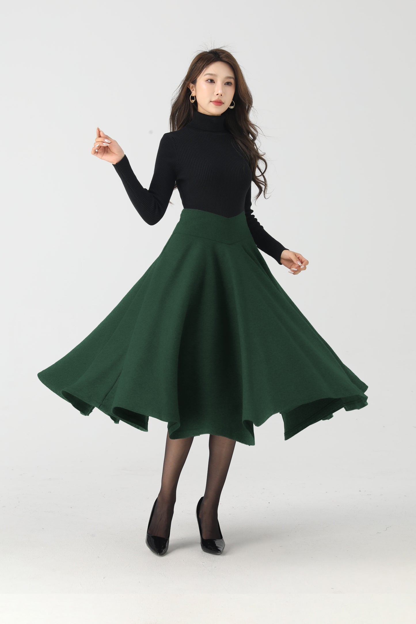 Dark Green Wool Circle Skirt - High Waist Full Swing Midi 6336
