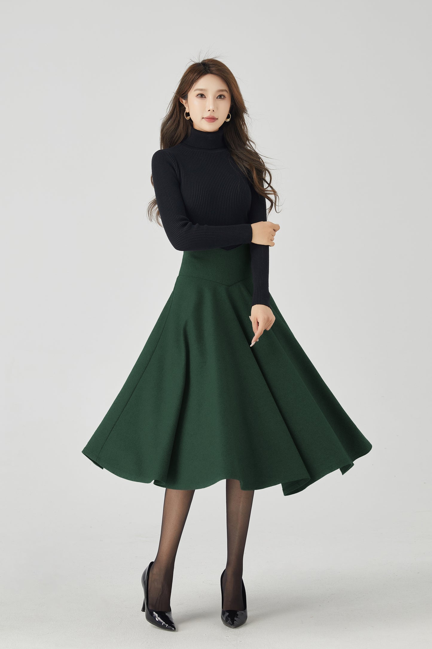 Dark Green Wool Circle Skirt - High Waist Full Swing Midi 6336