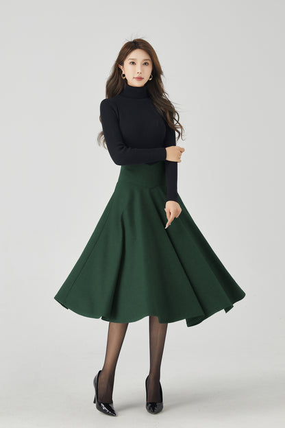 Dark Green Wool Circle Skirt - High Waist Full Swing Midi 6336