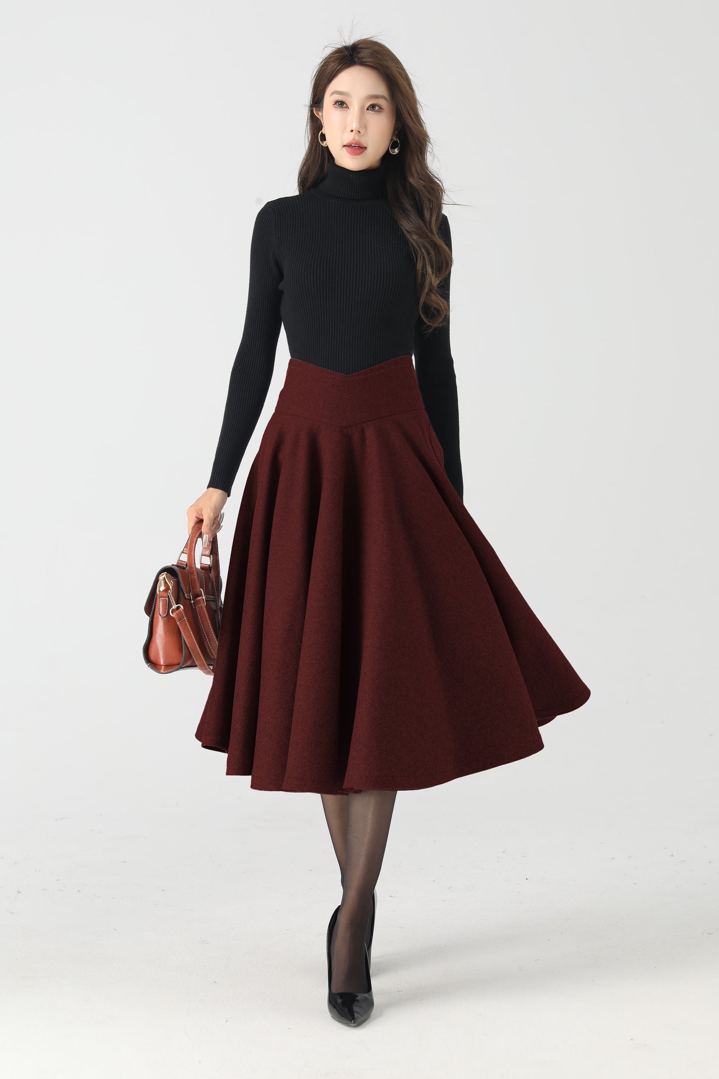 Wine Red Wool Circle Skirt – High Waist Winter Swing Midi 6334
