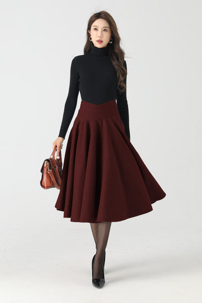 Wine Red Wool Circle Skirt – High Waist Winter Swing Midi 6334