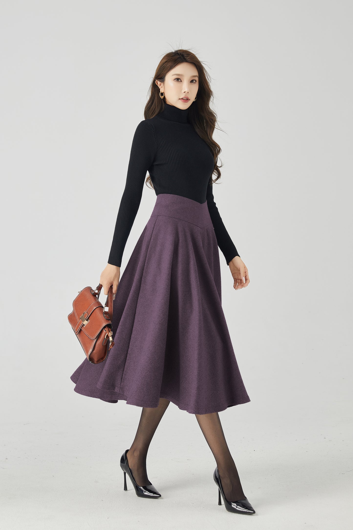 Purple Wool Blend Midi Skirt - High Waist Flared Circle Silhouette 6335