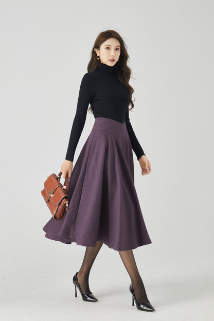Purple Wool Blend Midi Skirt - High Waist Flared Circle Silhouette 6335