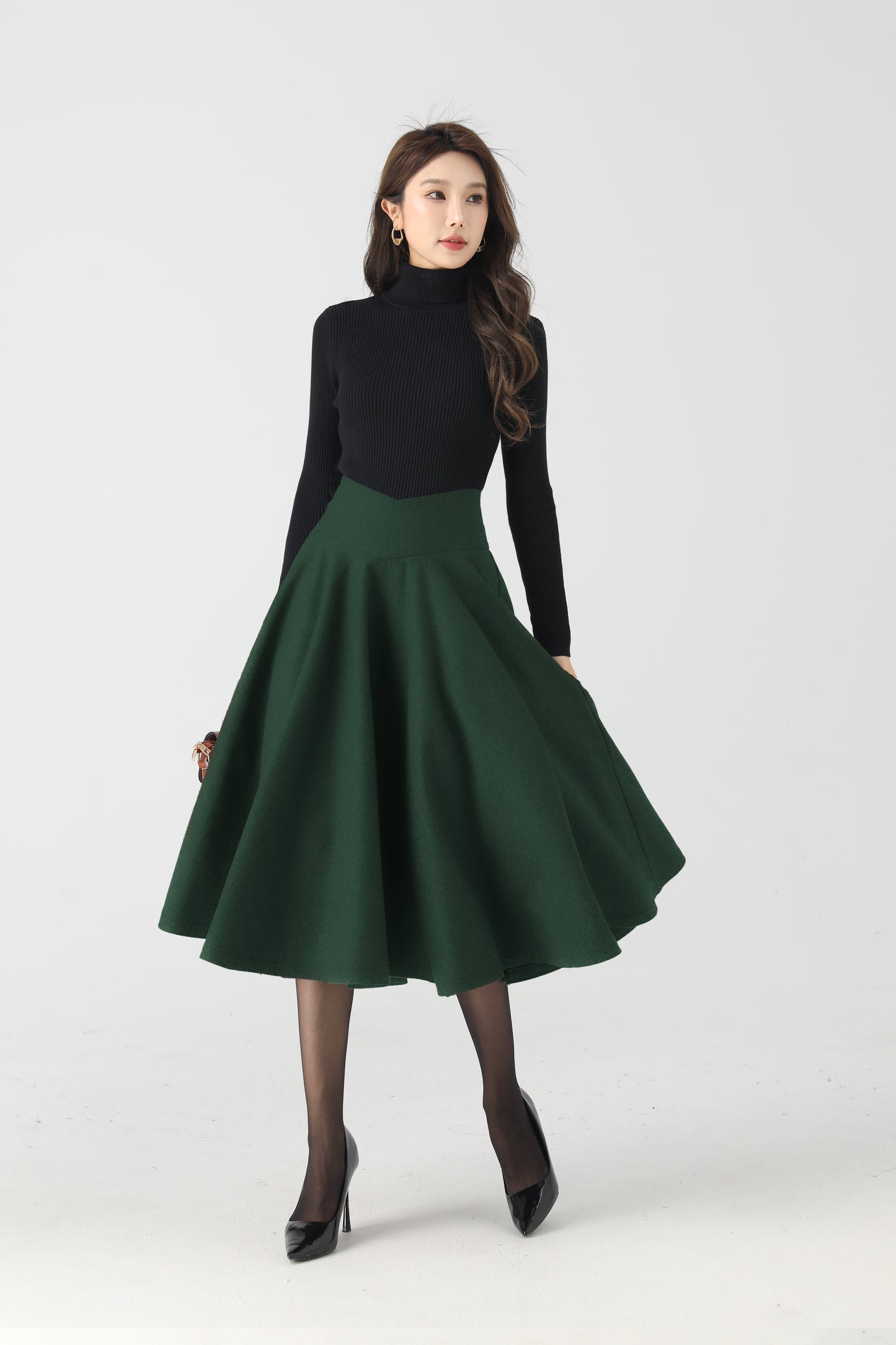Dark Green Wool Circle Skirt - High Waist Full Swing Midi 6336