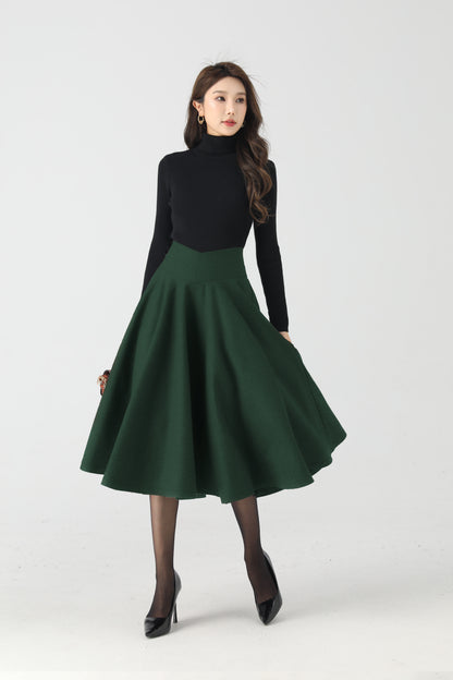 Dark Green Wool Circle Skirt - High Waist Full Swing Midi 6336