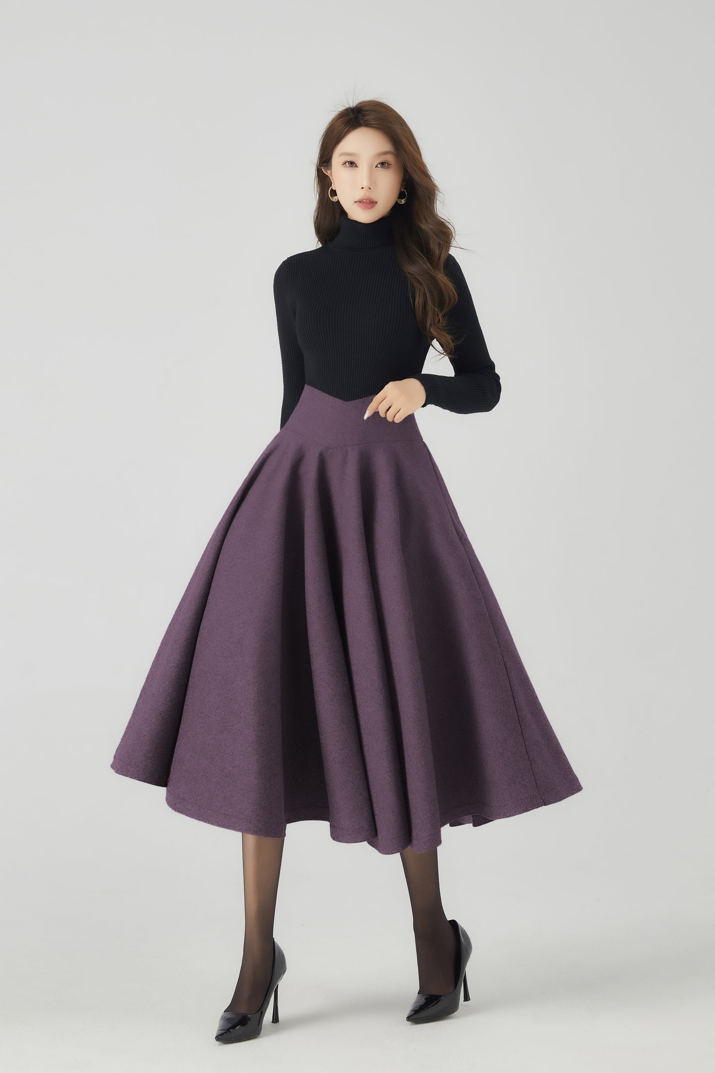 Purple Wool Blend Midi Skirt - High Waist Flared Circle Silhouette 6335