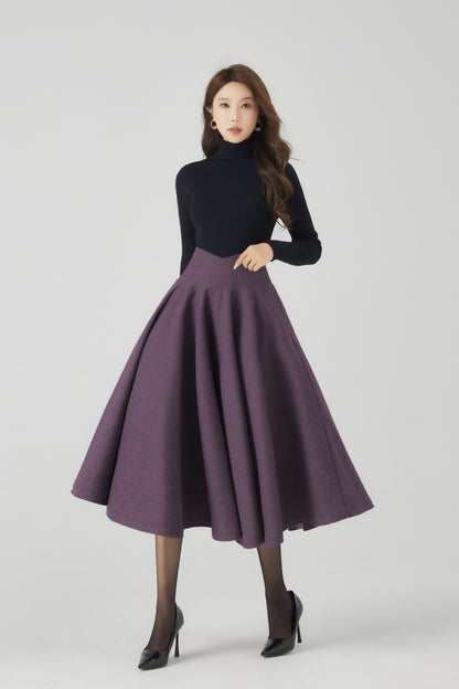 Purple Wool Blend Midi Skirt - High Waist Flared Circle Silhouette 6335