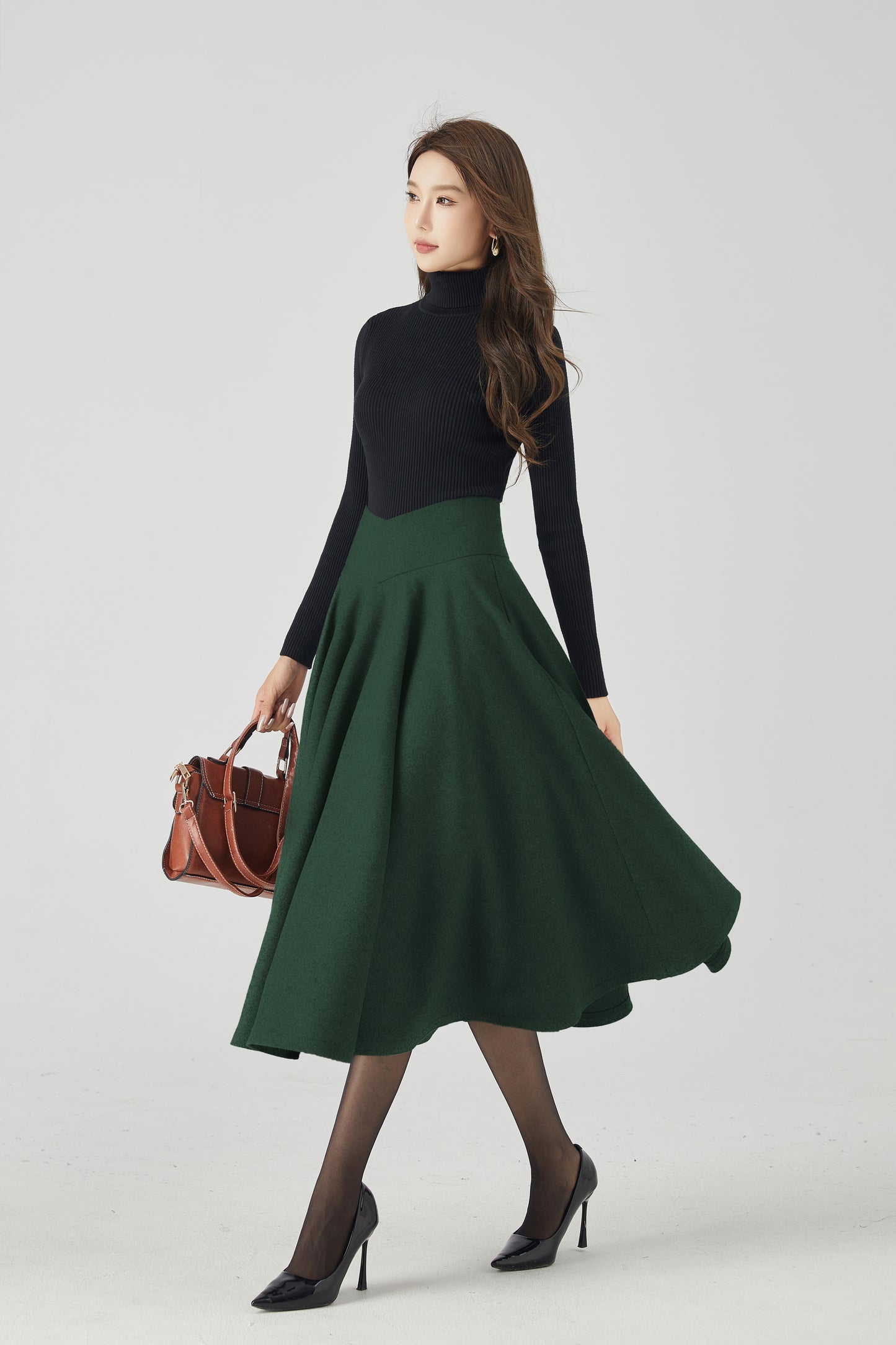 Dark Green Wool Circle Skirt - High Waist Full Swing Midi 6336