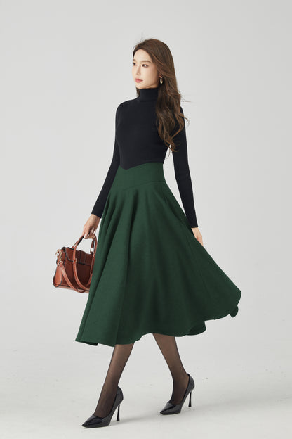 Dark Green Wool Circle Skirt - High Waist Full Swing Midi 6336