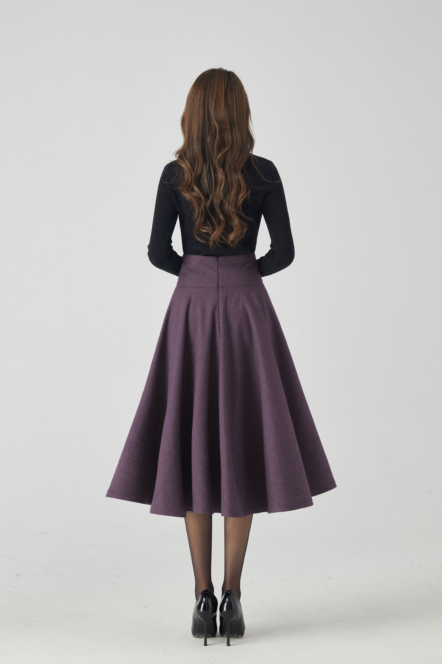 Purple Wool Blend Midi Skirt - High Waist Flared Circle Silhouette 6335