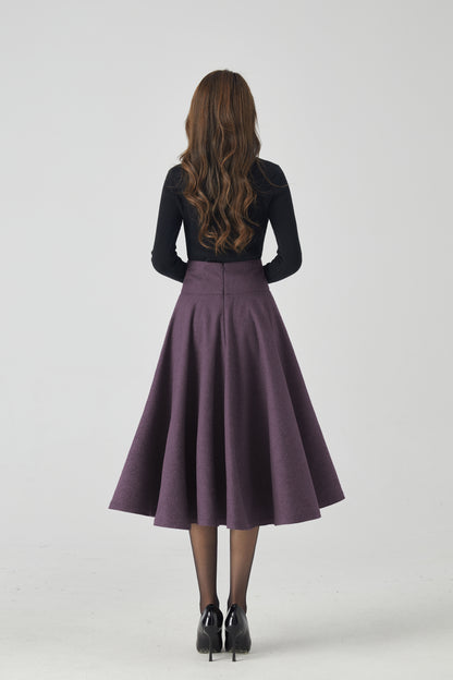 Purple Wool Blend Midi Skirt - High Waist Flared Circle Silhouette 6335
