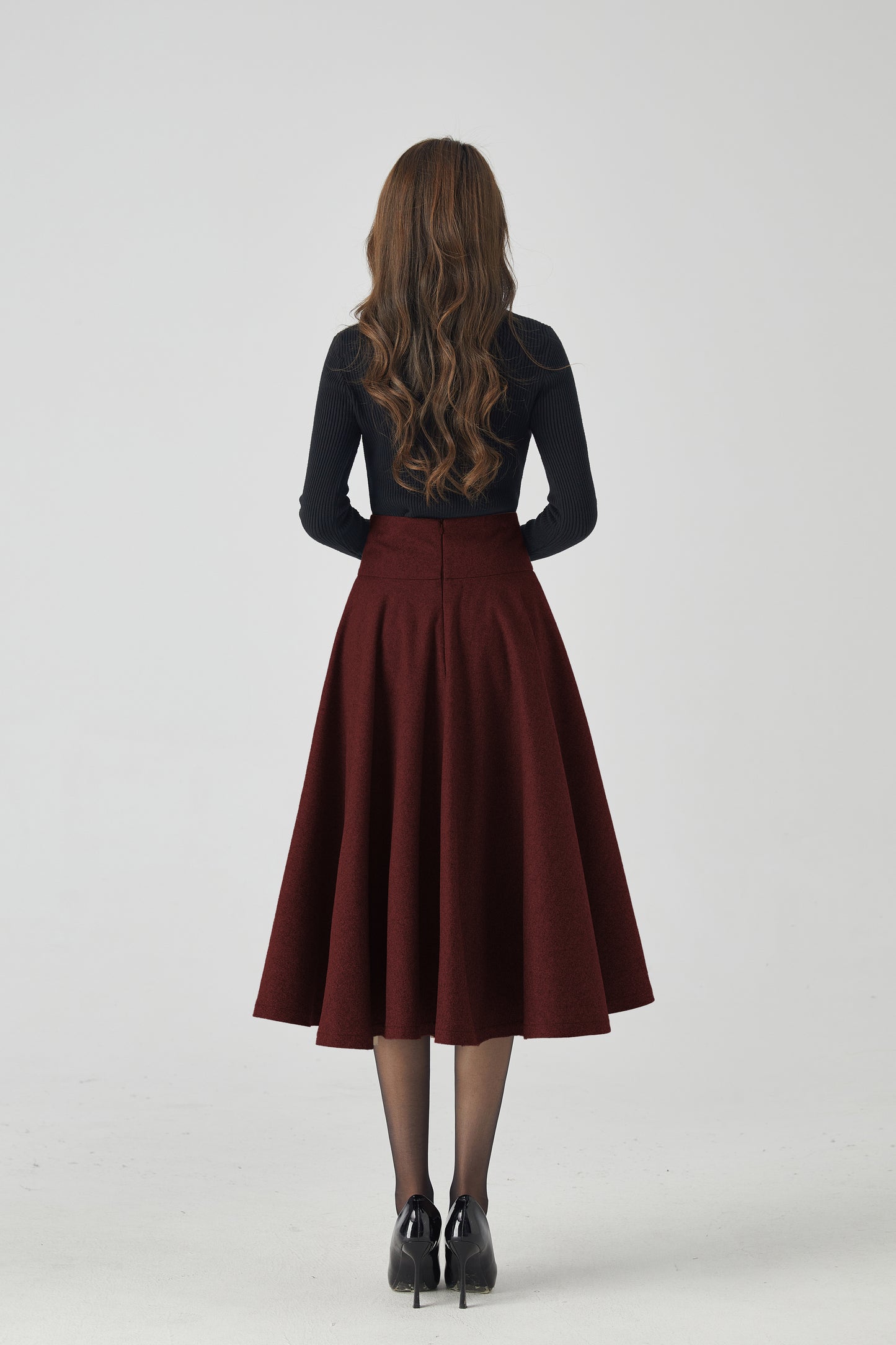 Wine Red Wool Circle Skirt – High Waist Winter Swing Midi 6334