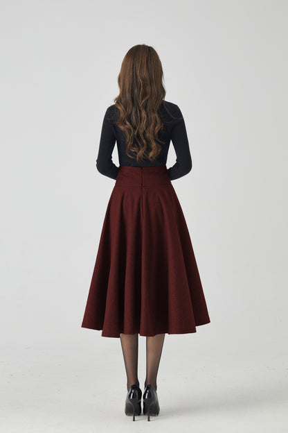 Wine Red Wool Circle Skirt – High Waist Winter Swing Midi 6334