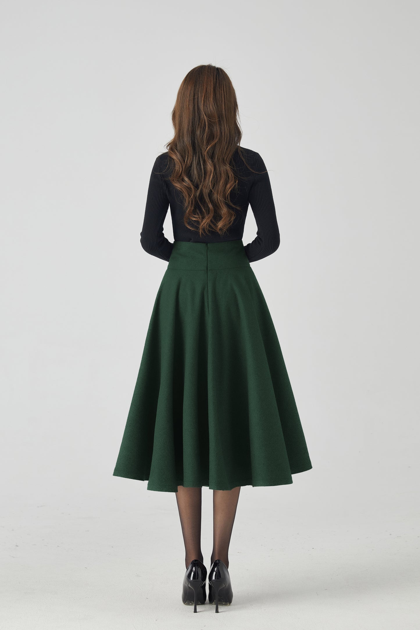 Dark Green Wool Circle Skirt - High Waist Full Swing Midi 6336