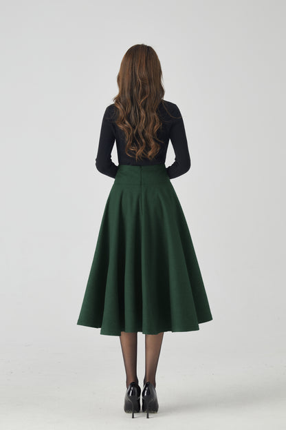 Dark Green Wool Circle Skirt - High Waist Full Swing Midi 6336