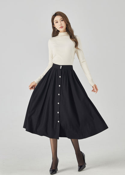 Black Wool Maxi Skirt - Button Front, Mid-Calf Length 4538