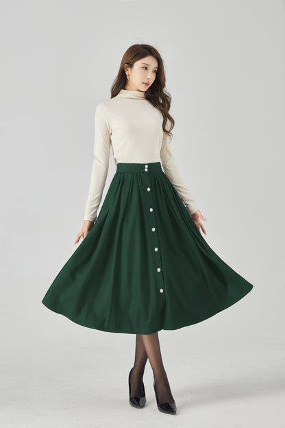 Dark Green Wool Maxi Skirt - Button Front, Flowing Silhouette 5440