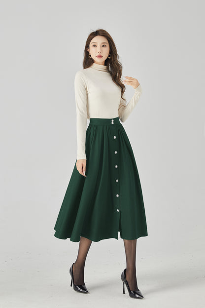 Dark Green Wool Maxi Skirt - Button Front, Flowing Silhouette 5440